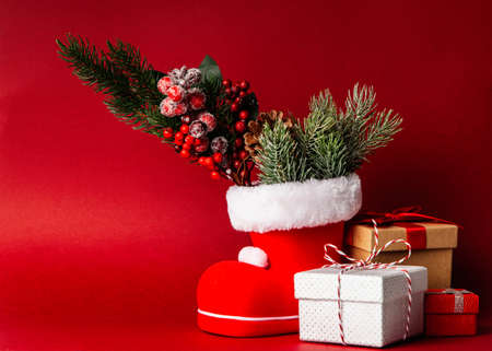 Gift boxes on red backgroundの写真素材