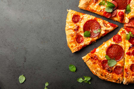 Pizza with salami and chorizo toppingの写真素材