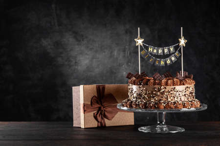 Chocolate cake on dark backgroundの写真素材