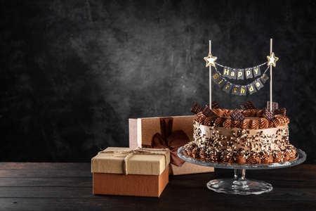 Chocolate cake on dark backgroundの写真素材