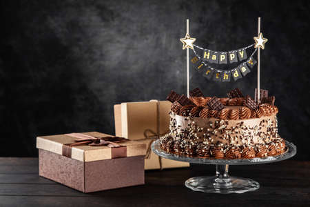 Chocolate cake on dark backgroundの写真素材
