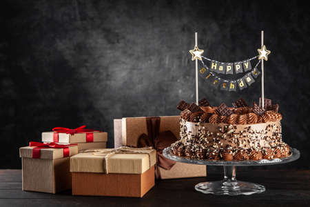 Chocolate cake on dark backgroundの写真素材