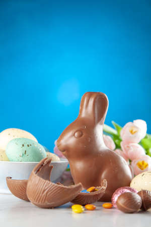 Easter chocolate bunny and eggsの写真素材
