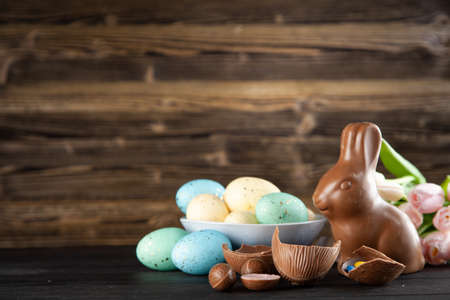 Easter chocolate bunny and eggsの写真素材