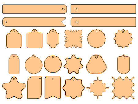 Big set of vector cardboard gift tags name card, discount label, Kraft paper or cardboard label for gift wrapping in retro style vector illustration,のイラスト素材