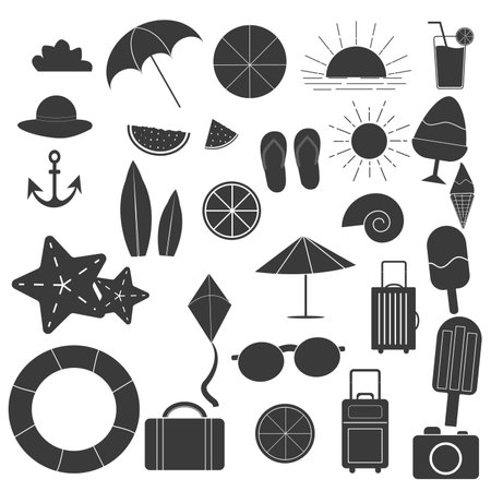 summer sea simple illustration set decoration decoration beach summer vacation ribbon travel tropical sea bathing mid august Summer Vectors illustrationのイラスト素材