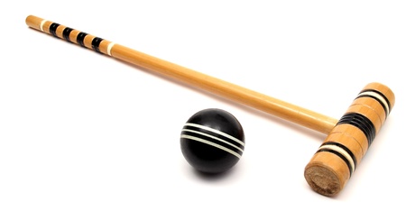 croquet mallet and ball over whiteの写真素材