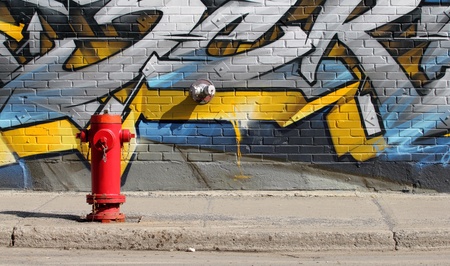 image of a red fire hydrant in front of a graffiti wallのeditorial素材