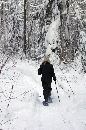 image of a woman with snowshoeing in the middle of a snowy forestの写真素材