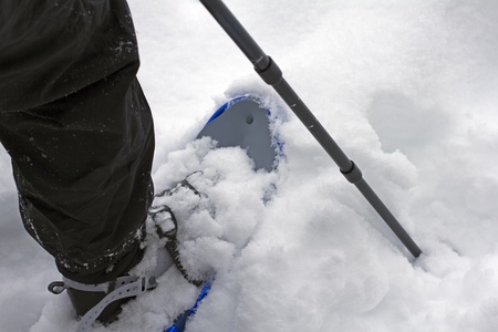 closeup of a leg with a snow shoe covered with snowの写真素材