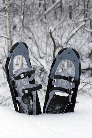 pair of snow shoes planted in the snowの写真素材