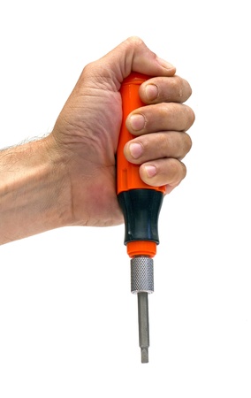hand holding a screwdriver over whiteの写真素材