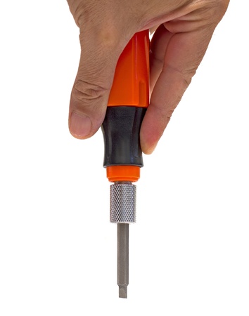 hand holding a screwdriver over whiteの写真素材