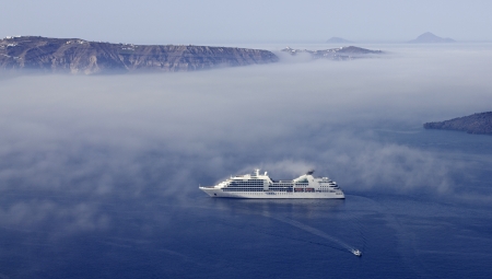 aerial view of a big cruise ship on the blue seaの写真素材