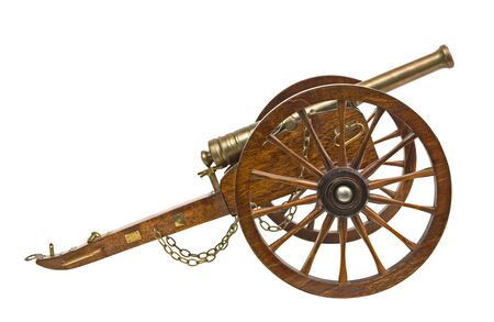 Vintage wooden cannon isolated over whiteの写真素材