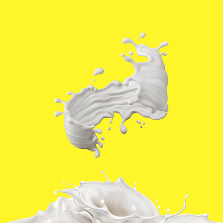 Splash of white milk on a yellow background. 3d renderingの写真素材