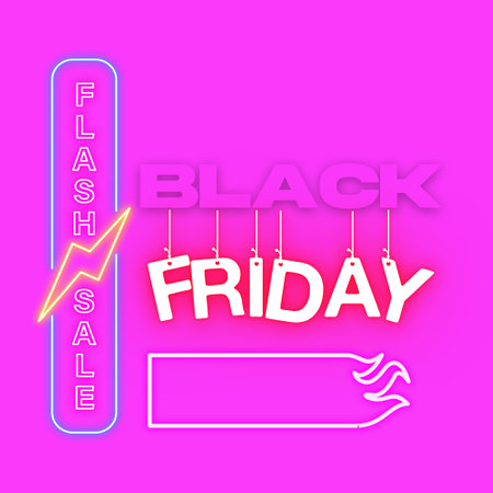 Black Friday sale banner in neon style on pink background. Vector illustration.の写真素材