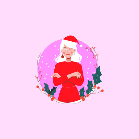 Christmas girl vector illustration in flat style. Cute cartoon girl in a Santa Claus hat.のイラスト素材