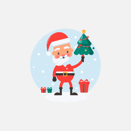 Santa Claus holding a Christmas tree. Vector illustration in flat style.のイラスト素材