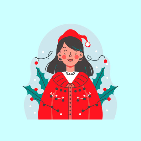 Christmas and New Year greeting card. Cute girl in a red coat and a hat. Vector illustration.のイラスト素材