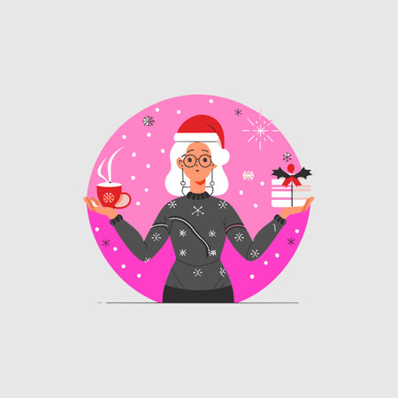 Santa Claus holding a cup of coffee and a gift box. Vector illustration.のイラスト素材