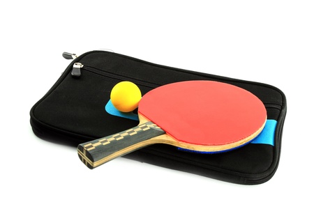 Table tennis racket  and ball with case on white blackgroundの写真素材