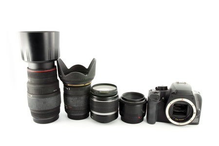 digital camera and lens isolated on white backgroundの写真素材