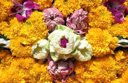 lotus, orchids, marigold for Loy Krathong festival, Thailandの写真素材