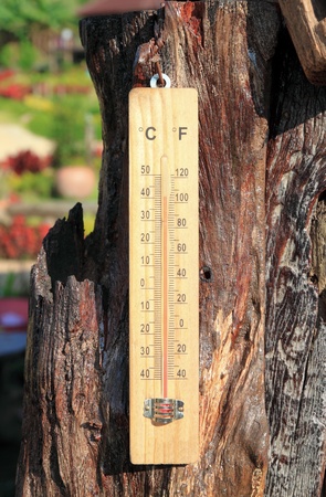Thermometer on the wooden and high temperatures