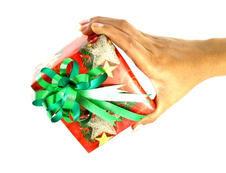 hand and gift over white backgroundの写真素材