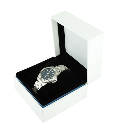 white box with luxury watch on white backgroundの写真素材