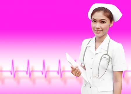young nurse holding medical report with pulse backgroundの写真素材