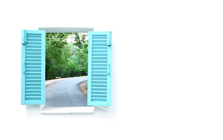 Greek Style windows  with curve road view and wall blank for textの写真素材
