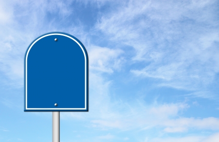 blue blank sign with blue sky blank for textの写真素材