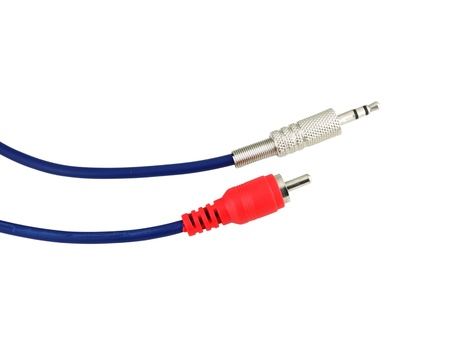 silver and red jack connector cable on white background