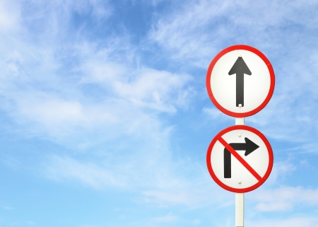go ahead the way ,forward sign and don't turn right sign with blue sky blank for textの写真素材