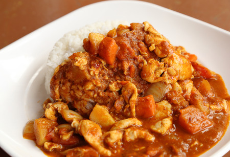 spicy chicken curry and rice on dishの写真素材