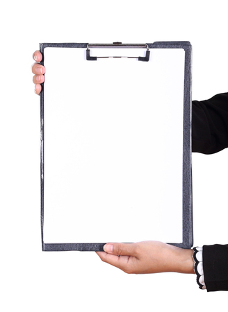 business woman hand holding blank clipboard isolated on whiteの写真素材