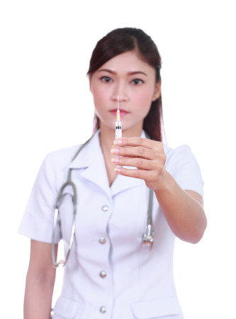 nurse with syringe isolated on white backgroundの写真素材