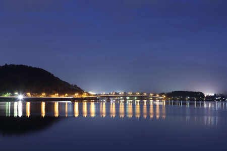 Lake Kawaguchiko at night with mount Fuji , Japanの写真素材