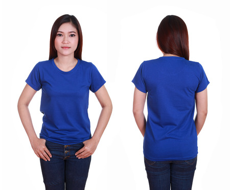 blank t-shiet set (front, back) with female isolated on white backgroundの写真素材