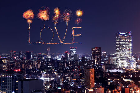 Love sparkle Fireworks celebrating over Tokyo cityscape at night, Japanの写真素材