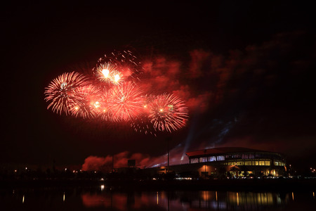beautiful firework over stadium with sky at nightのeditorial素材