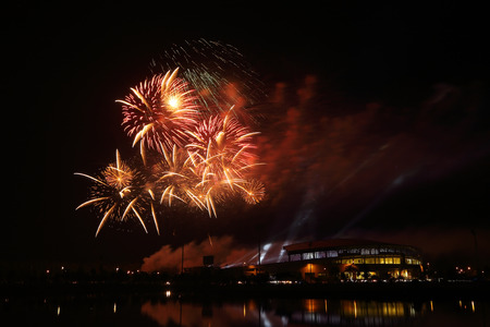 beautiful firework over stadium with sky at nightのeditorial素材