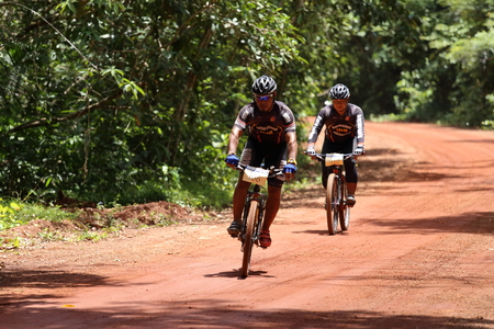 SA KAEW., THAILAND. JUNE 28, 2015: Unknown bikers action at The Bicycle Racing for Pang Sida competition in Pang Sida National Park, Sa Kaew, Thailand.のeditorial素材