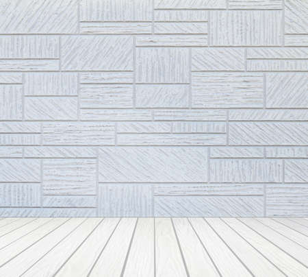 room interior with brick wall and white wood floor background