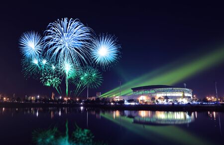 beautiful firework over stadium with sky at nightの写真素材