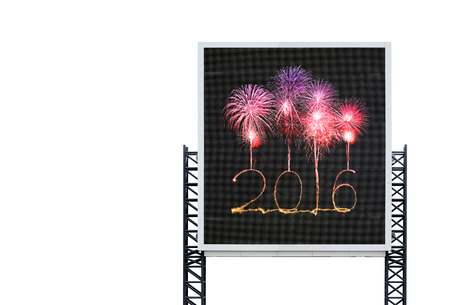 2016 Happy new year firework on large sign board isolated on white background
