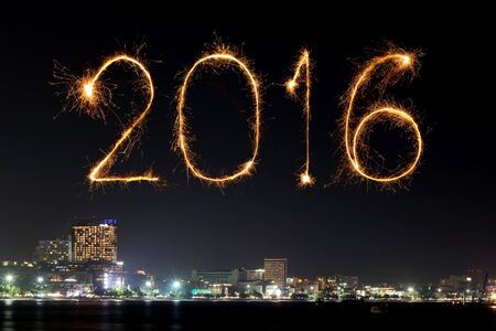 2016 Happy New Year Fireworks celebrating over Pattaya beach at night, Thailand
