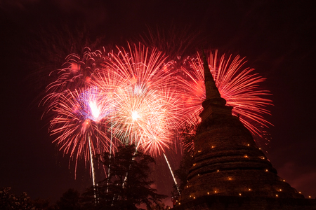 Fireworks in Loy Krathong festival at Sukhothai History Park, Thailandの写真素材
